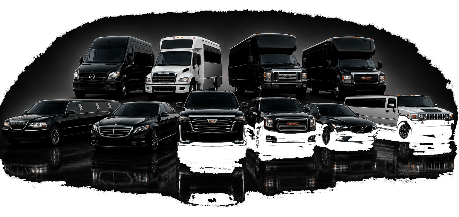 Black executive sedan and SUV parked under warm studio lighting